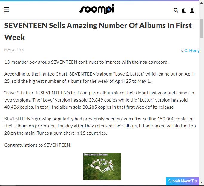8) Seventeen's first full album <Love&Letter> released on April 25, topped at #1 on Hanteo for the week of Apr 25 - May 1. The two versions of the album in total sold over 80,000 copies in the first week of its release. Woozi is the main producer for 8/10 of the songs.