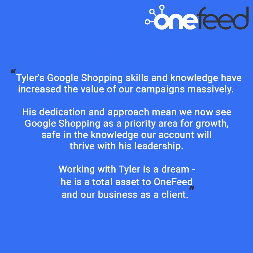 Onefeed's tweet photo. A super review from one our clients about their experience working with one of Account Managers, Tyler!⭐ 

#onefeed #positivereview #digitalagency #googleshopping #agency #digitalgency #clientrelationship #agencylife https://t.co/mqW7fOgJf5