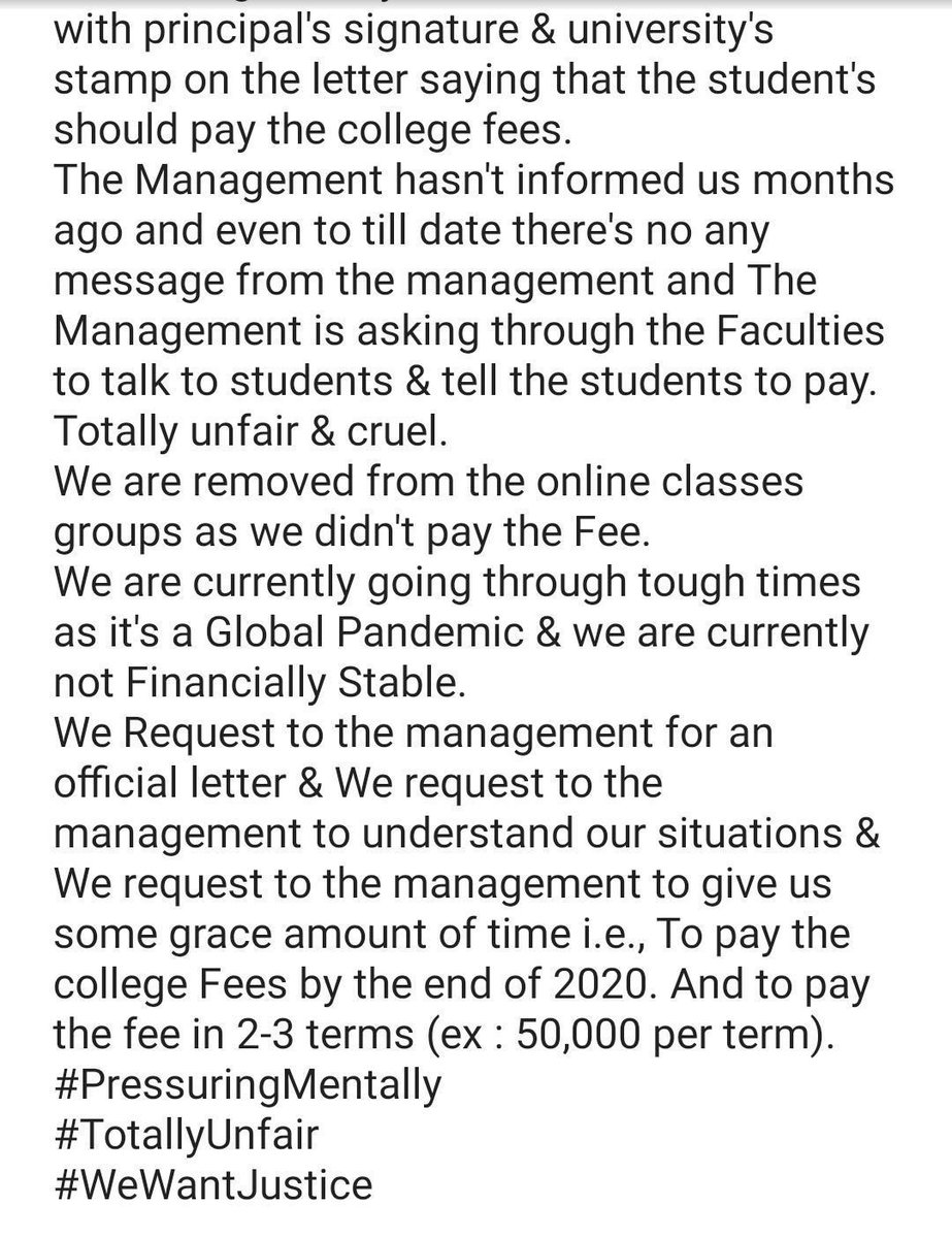 ayan_varma's tweet photo. @PMOIndia @irajashekaran
Sir please help us🙏 Because 90% of students in our college are telugu people.&amp; it's not a good situations to pay feeses now🥺due to #Covid_19 there is no incomes to parents how can pay these fesses now🙏🏻plzz respond on this
#DontForceStudentsForFee https://t.co/xPupHW2eo6