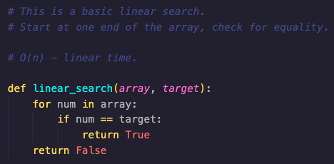 The first search (linear search) is pretty simple. It'll start from the first number in the list and ask itself: "Is this what I'm looking for?"If so, great. If not, it'll move on to the next number and repeat.