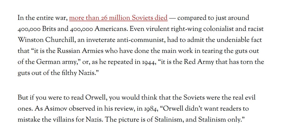 Notice the dichotomy presented by Norton. "If you read Orwell you'd think that Stalin was the TRUE evil guy and not the Nazis."This is the warped mindset that Orwell was talking about. He opposed both Stalinists and Fascists. It is possible and consistent to do such a thing.