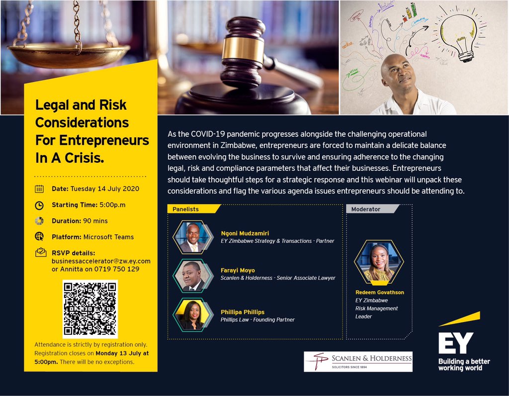 Register before 5pm on Monday 13 July for the webinar taking place on Tuesday 14 July. Attendance is strictly by registration and you can register here:

tinyurl.com/eywebinar

This webinar is open to all entrepreneurs! 

#acceleratingentrepreneurship#EYZimbabwe