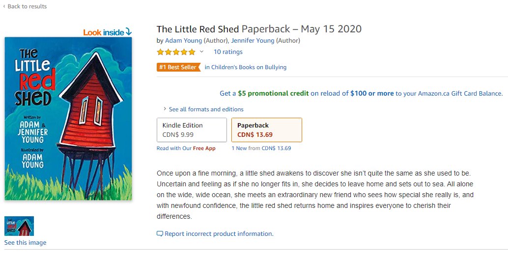 BreakwaterBooks's tweet photo. THE LITTLE RED SHED by Adam & Jennifer Young is still the @amazon #1 Bestseller spot for Children's Books on Bullying. PLUS, it's ranked #8 in Stories in Verse for Children and #12 in Children's Books on Self-Esteem and Respect.
https://t.co/8Jo7cVqDHv
#nlarts #YoungStudios https://t.co/Z2nfqGToLY