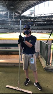 Clinton_RKings's tweet photo. Former River King catcher Tanner Dickherber has a dream job this summer working on the grounds crew for the Milwaukee Brewers. Tanner is studying turf management at Kirkwood.  Can u leave the back door open when the Cubs come to town?  Asking for a friend. https://t.co/K9COKm8v9W