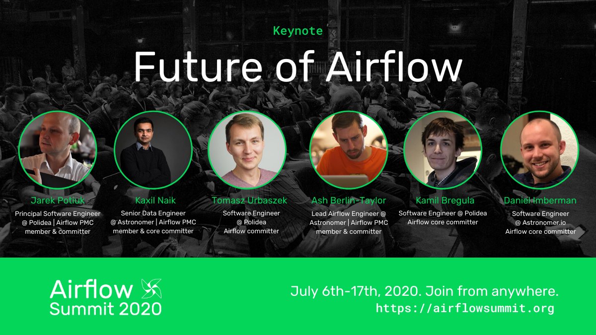 Welcome again!
This block will be hosted by Bay Area @ApacheAirflow meetup.
First, we will listen to @higrys, @kaxil, @turbaszek, @AshBerlin, @CzerwonyElmo & @danimberman talk about 'Future of Airflow'.
Join #AirflowSummit live now! airflowsummit.org/live/