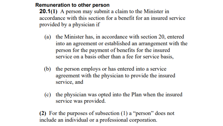 It seeks to replace small business doctors with large corporations who employ doctors. The UCP says "this lets doctors focus on medicine," but what it actually does is allow large corporations [without having to compete] to get government money and make a profit for doctors' work