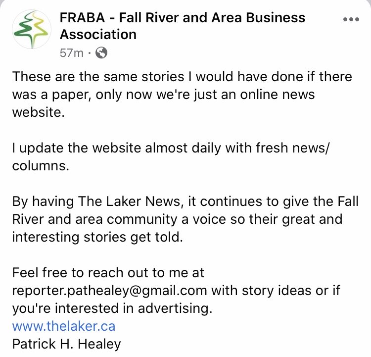 ReprtrPatHealey's tweet photo. Part 2 of the @FRABA_NS #BusinessSpotlight which looked at #TheLakerNews Thanks #Fraba #FallRiverNS #digitalnews https://t.co/Y2yYNvZAmN https://t.co/EnrBIt2zNR