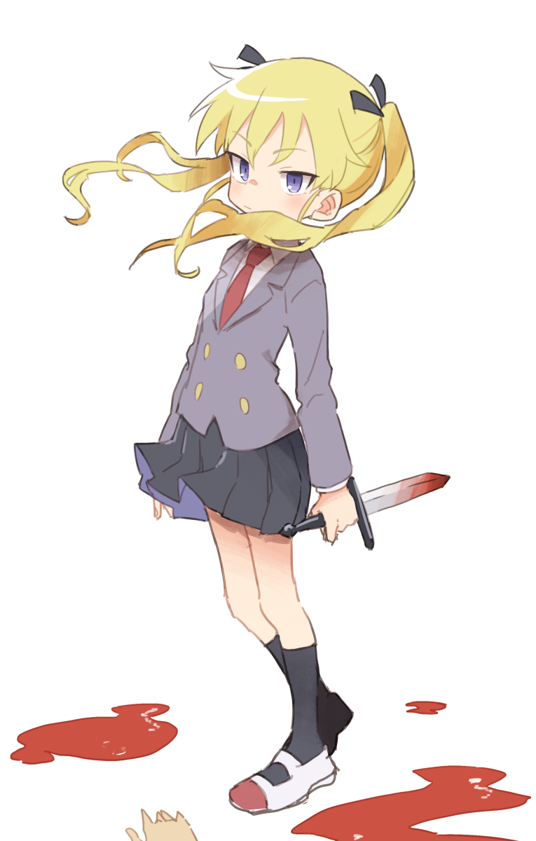 sonya (kill me baby) 1girl blonde hair twintails skirt blood necktie knife  illustration images