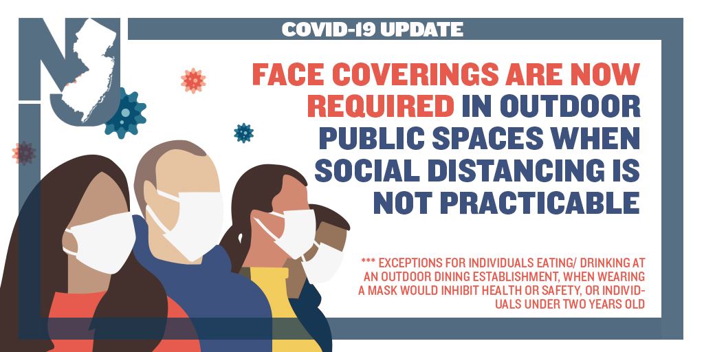 UPDATE: Face coverings are now REQUIRED in outdoor public spaces when social distancing is not practicable.
 
Exceptions for individuals:
☑️Under two years old
☑️Eating/drinking at an outdoor dining establishment
☑️When wearing a mask would inhibit health or safety