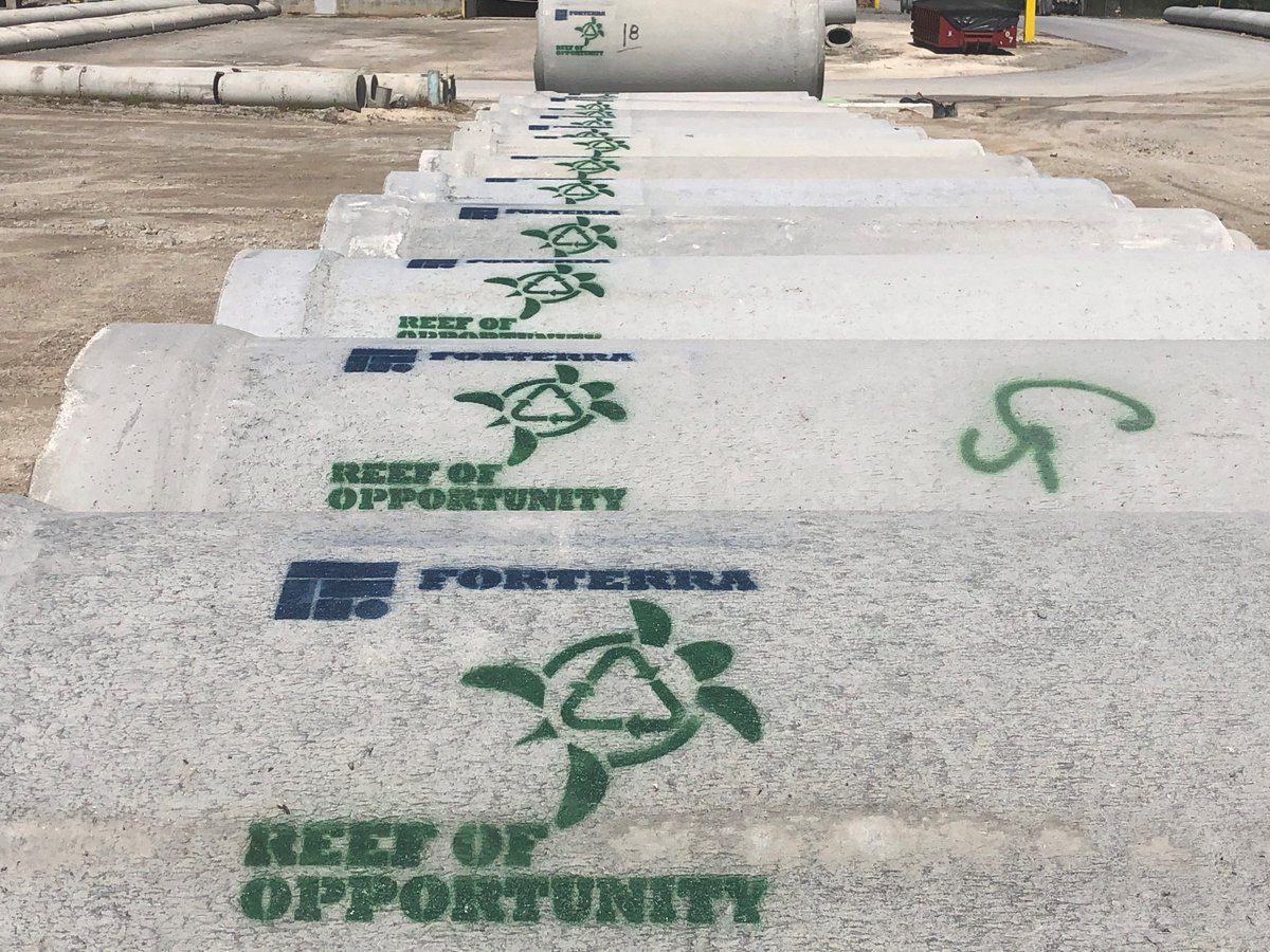 Forterra's sustainability efforts are repurposing off-spec/cull pipe to create living marine habitat as artificial reefs. Pipe provided by the <a href="/Forterra/">John Burwell</a> Winter Haven team, transported by New Line Transport, and partnered with Volusia County on the Reefs of Opportunity.