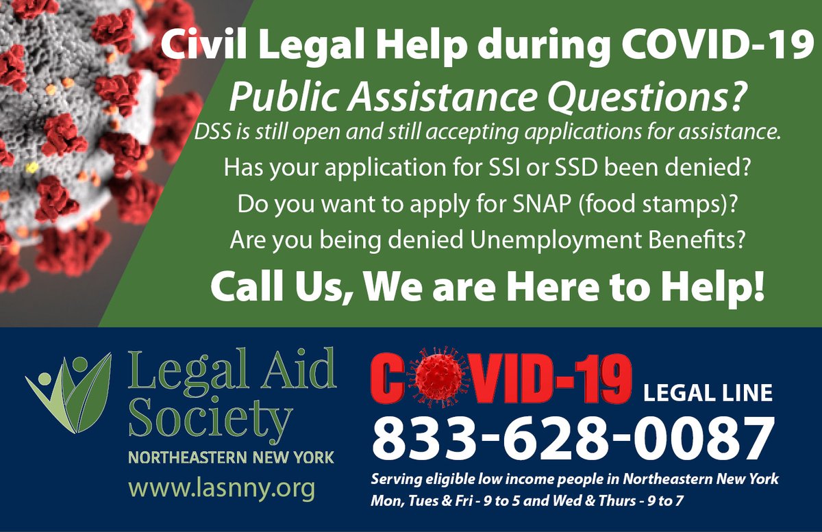If you live in Northeastern New York, we are here to help with public assistance questions.

Call Us toll free at 833-628-0087 MTF 9-5 WTh 9-7

lasnny.org/COVID

#COVID19 #JusticeIsEssential #LASNNY