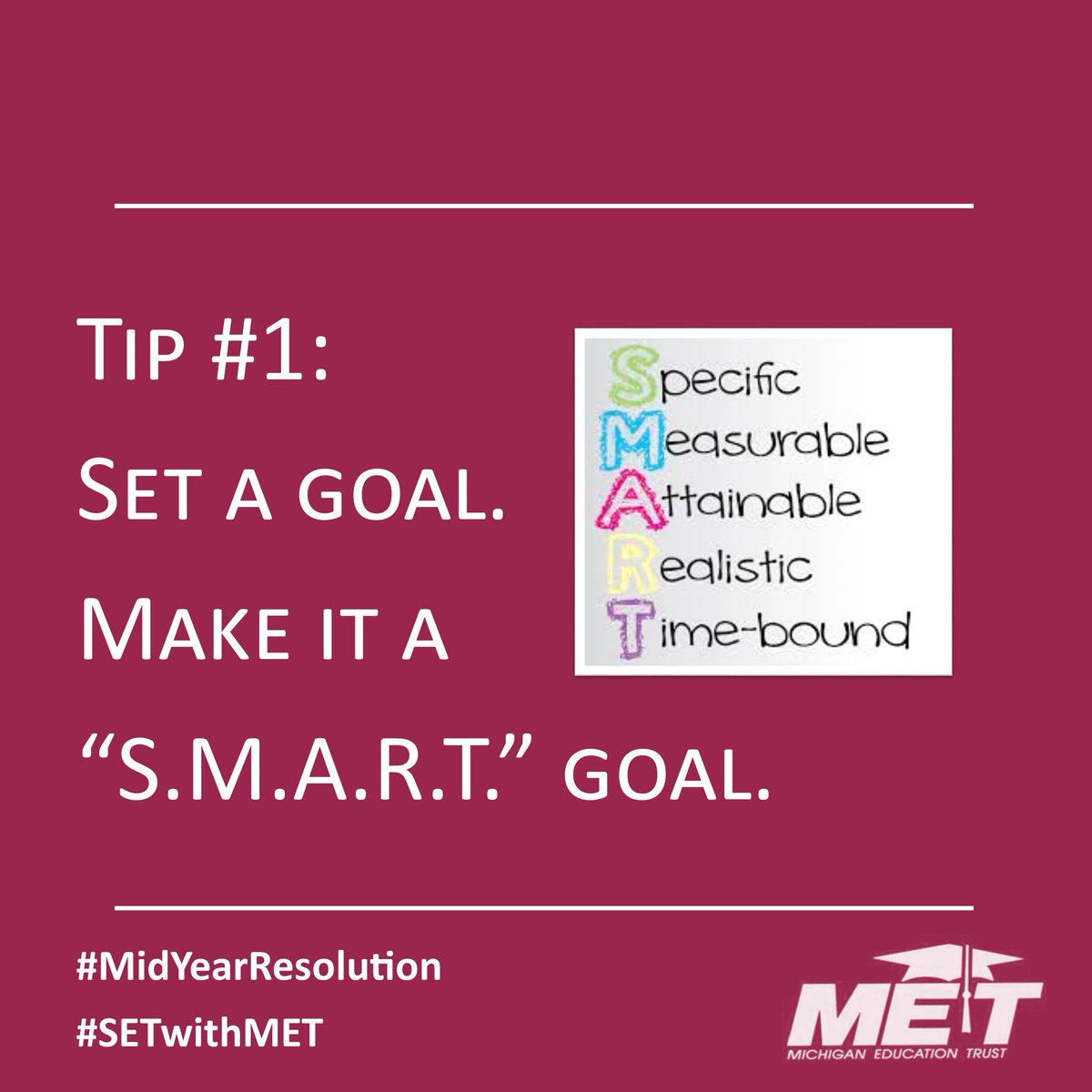 SETwithMET's tweet photo. Mid-year is a great time to evaluate your goals. Remember, SMART Goals are more likely to be achieved. #SMARTGoal #MidYearResolution #Goals https://t.co/c7lO7rCnje