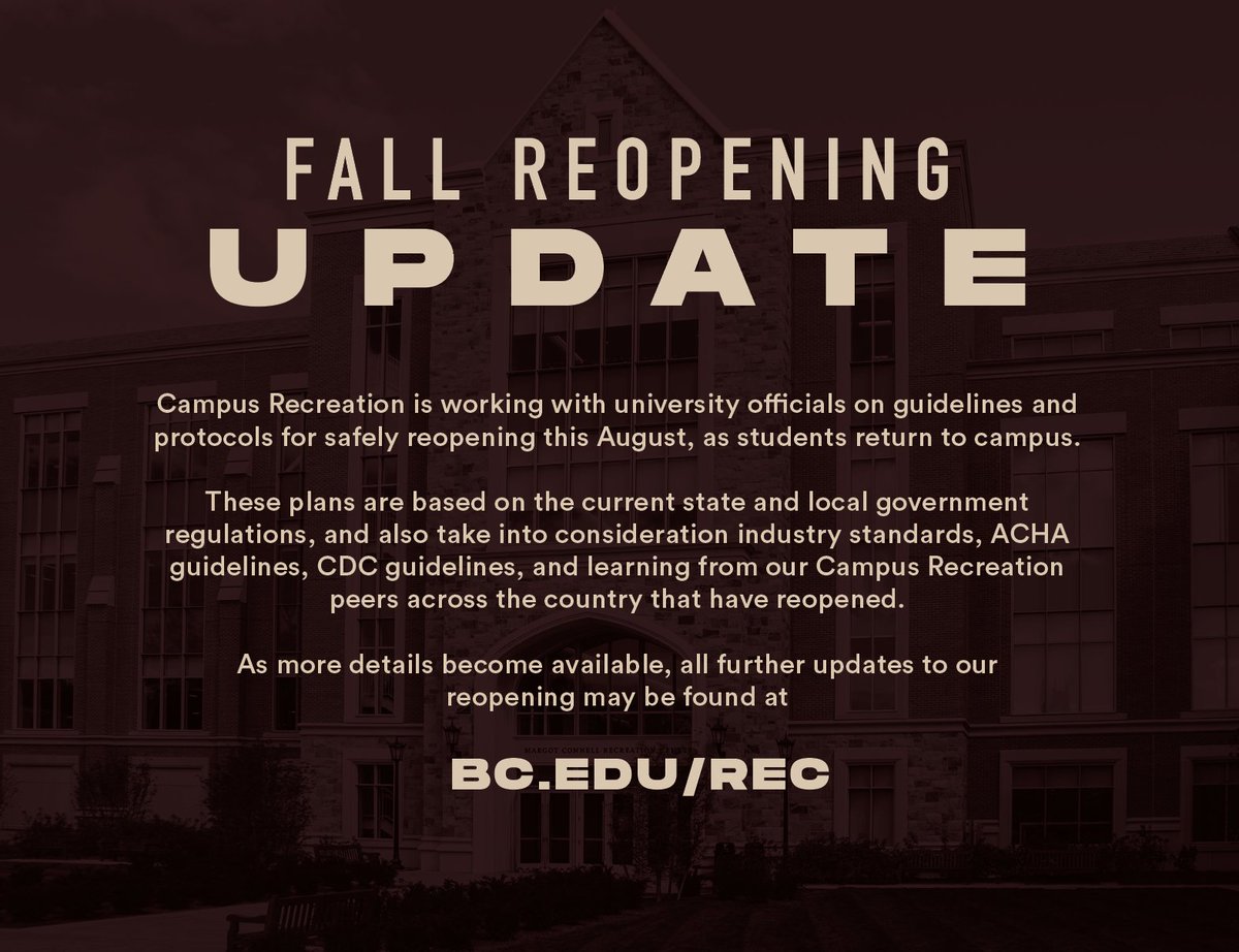 Campus Recreation plans to reopen this August, as students return to campus. An update for our members: