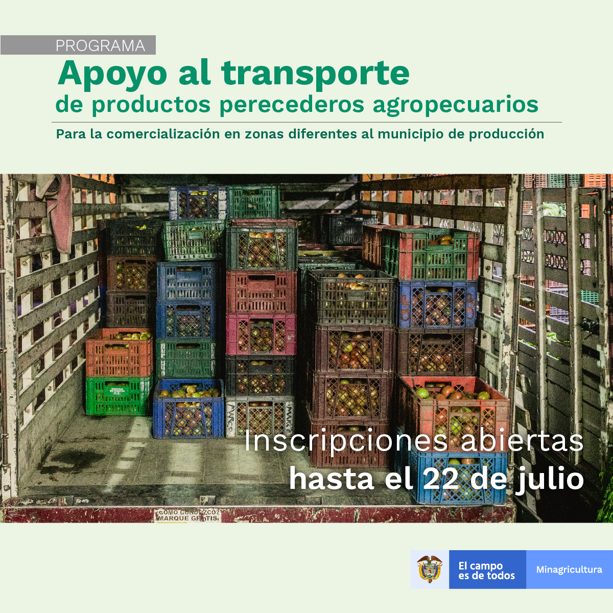 infopresidencia's tweet photo. El @MinAgricultura estableció el programa de apoyo al transporte de productos perecederos agrícolas y pecuarios para la comercialización en zonas diferentes al municipio de su producción. Ingrese a @BolsaMercantil ▶️🚐 https://t.co/BbCLEDCcYg #LeCumplimosAlCampo https://t.co/5WIYuUMrSG