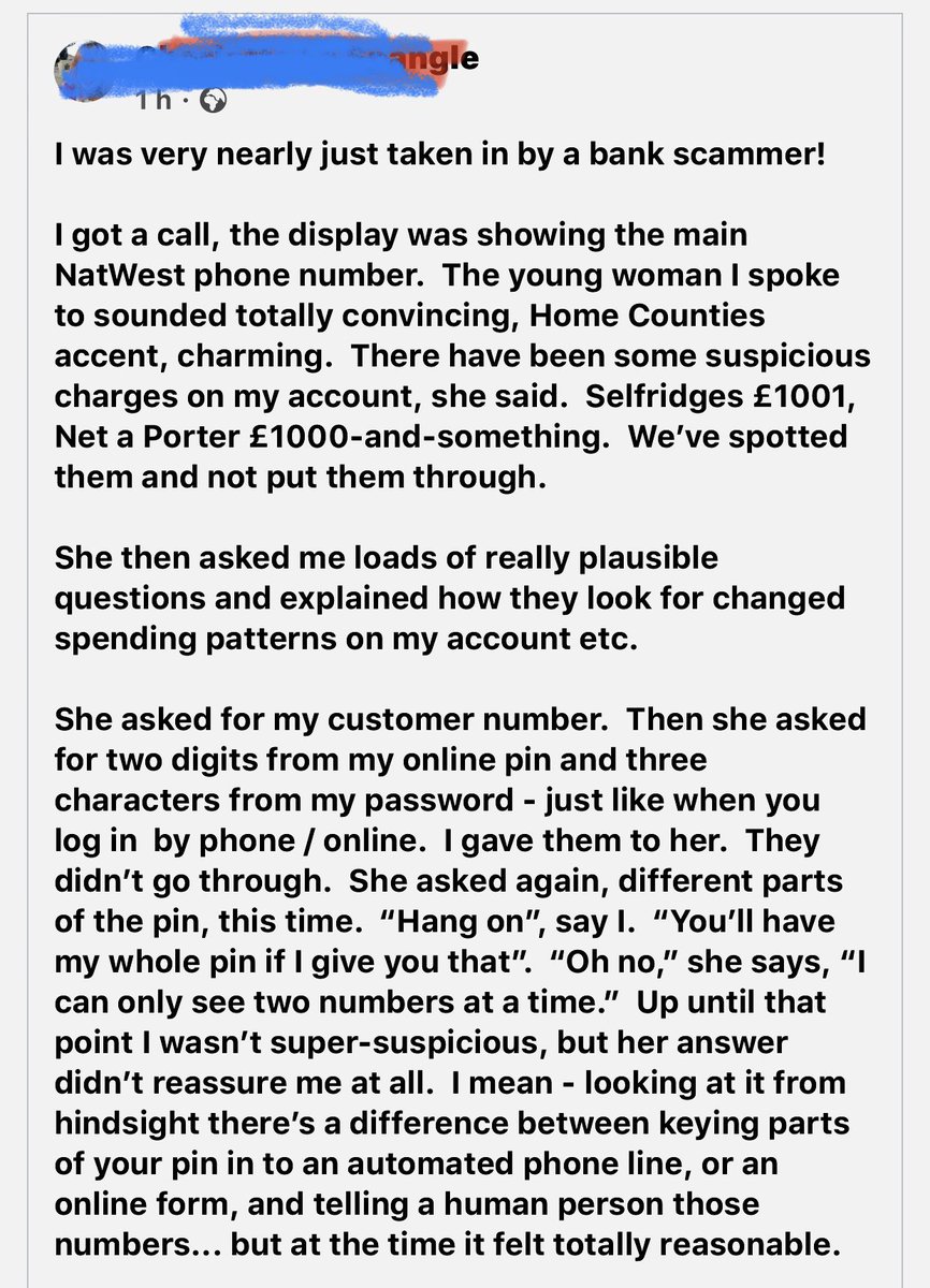 hendopolis's tweet image. The bank scammers are incredibly smart. They nearly took thousands off one of my friends earlier today, so do read this account she wrote, and pass it on.