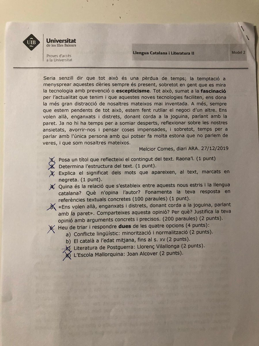 Este examen de Lengua Catalana, pruebas de Selectividad de la UIB, Baleares, el 7 de julio de 2020, es puro adoctrinamiento. 
Lo demostraremos en este hilo: