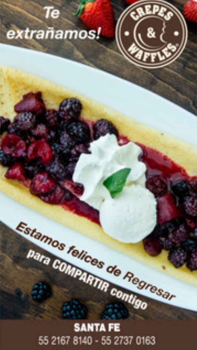 CrepesMexico's tweet photo. Te extrañamos!!

Es hermoso poder decir de nuevo: ¡El gusto es nuestro!

Visítanos en el centro comercial Santa Fe 🥰 
#CrepesLovers #CrepesEnCasa #CDMX #cuarentena #8Julio https://t.co/shQjoxqkC1