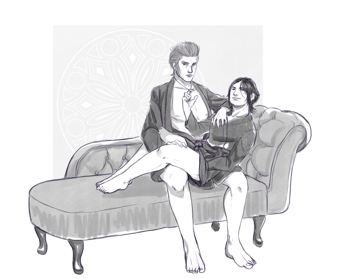 Smug Sexy Lounging Husbands (tm) as inspired by  @starrynoctsky's tweet. It needed visualisation, even if a sketchy one (haha).(Also reupload because I'm dumb and forgot about my art thread orz)