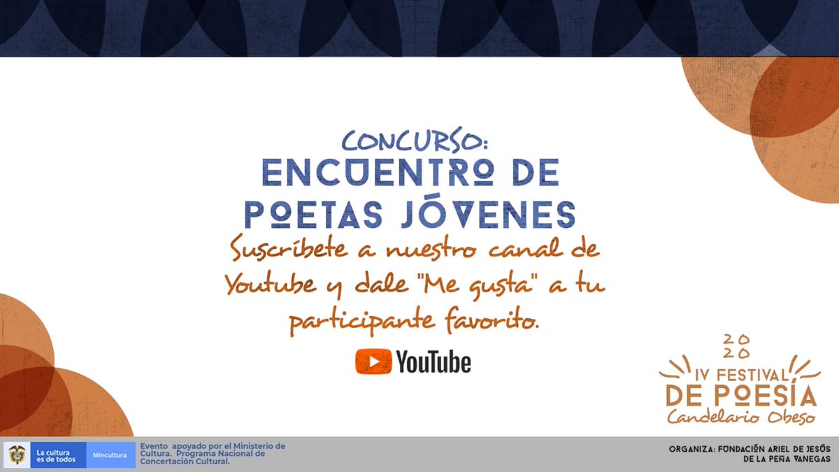 FestiPoesia's tweet photo. Apoya a los participantes del #Concurso "Encuentro de Poetas Jóvenes" Vídeos en nuestro Canal de #Youtube https://t.co/deZvZ3XUnd

#FestivalDePoesíaCandelarioObeso #FestivalObeso #Festival #Bolívar #Colombia #escritor #literatura #art #PoesíaNegra https://t.co/NhwFmU8Ojo
