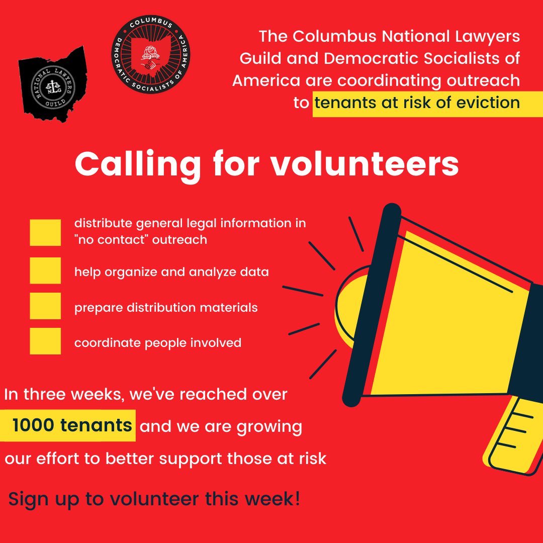 NLGColumbus's tweet photo. Still looking for volunteers to do no contact outreach to tenants at risk of eviction this weekend. Sign up now for a ~2 hour shift: https://t.co/pzITD0Shqa https://t.co/pVZownI82U