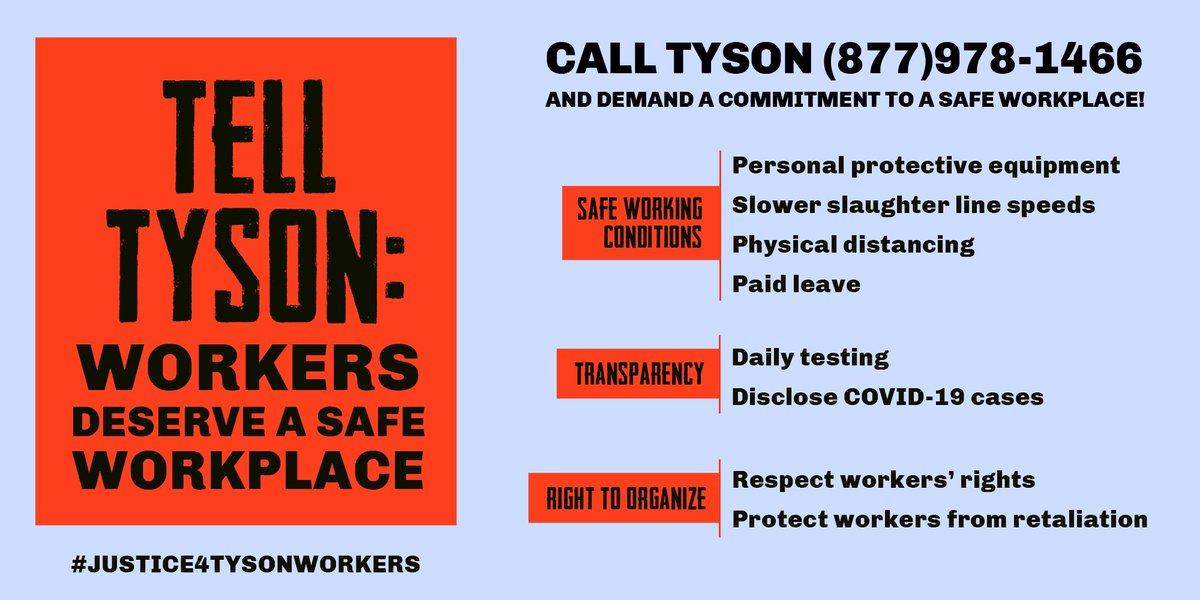 32,000+ meatpacking workers are infected with #COVID19 yet they are still working without protections or safety measures. We + 120 orgs demand #Justice4TysonWorkers <a href="/TysonFoods/">Tyson Foods</a> @TysonFoodsCEO