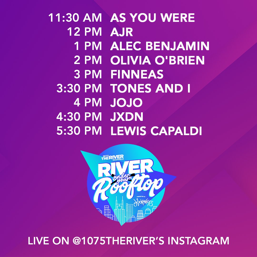 1075theriver's tweet image. TOMORROW CAN'T GET HERE FAST ENOUGH!! 🤩 Here are the set times for #RiverUnderYourRooftop presented by @journeys.  Who are you most excited to watch!?! 
@LewisCapaldi @finneas @iamjojo @tonesandimusic @AJRBrothers @AlecBenjamin @oliviagobrien @jadenhossler @AYWMusic