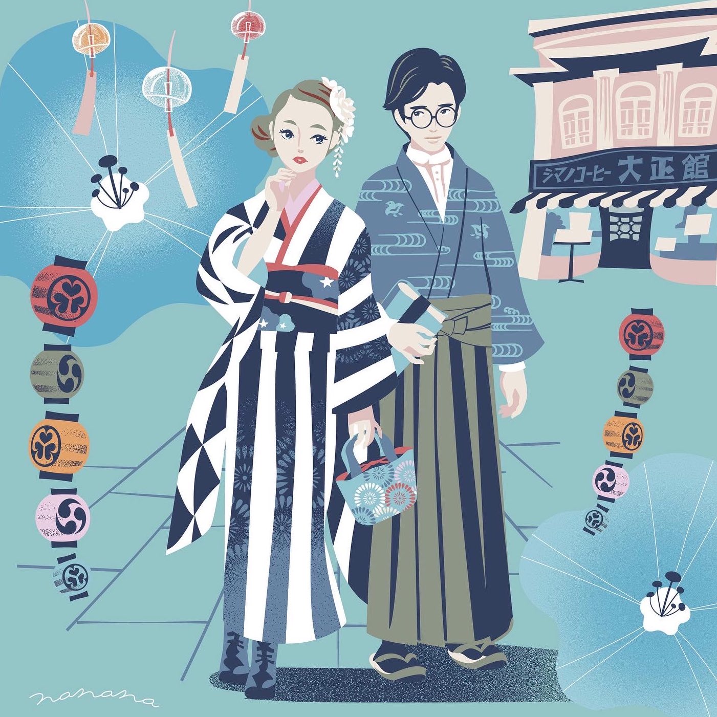 Twitter 上的 Nanana お祭りの中 古風な商店街を歩くアベック 和装 和風イラスト 大正ロマン 大正浪漫 イラスト好きな人と繋がりたい 大正浪漫着物 アート 大正時代 着物 着物女子 和服 大正モダン 百万灯祭り T Co Rd334kwlbx Twitter