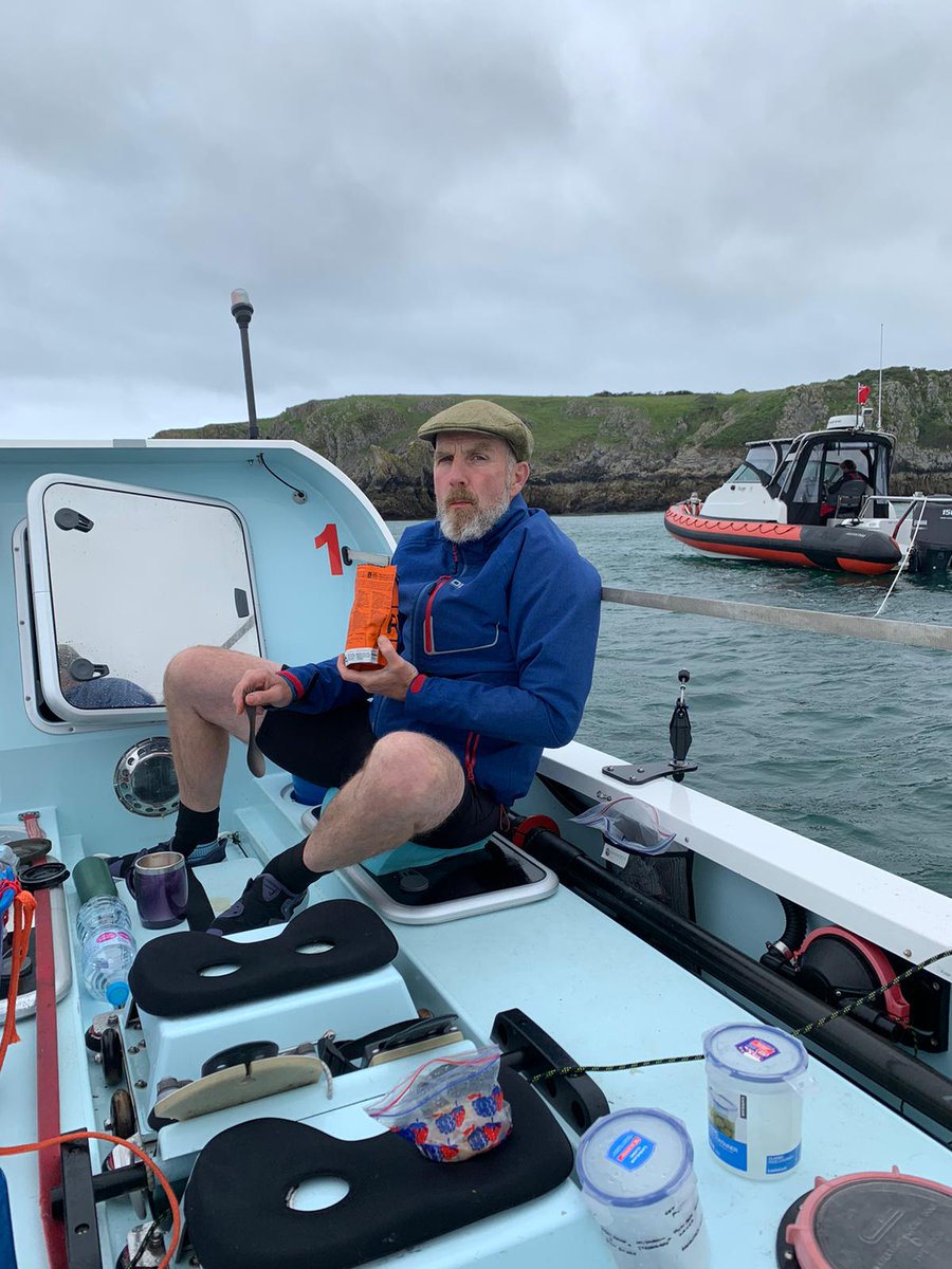 row4GOSHandMCS's tweet photo. "Weather was deteriorating and we took a tow in to anchor.  We were going to get going again at midnight but coastguard warned us on weather deterioration so now setting off at 6am to get round the corner of wales (Skomer island) in another long row today." (2/3) https://t.co/Y79hNXJDkt
