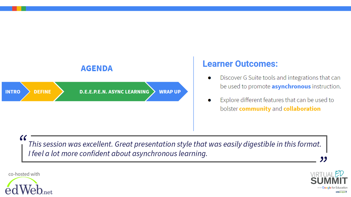 Eduscape's tweet photo. Attendees are loving our Virtual Ed Summit session: "DEEPEN Asynchronous Virtual Learning with the G Suite" led by Al Morali and Mike Wojtaszewski! Cohosted by @edwebnet.
#RethinkLearning #VirtualEdSummit #GSuiteEDU https://t.co/tPHbj9uCFT