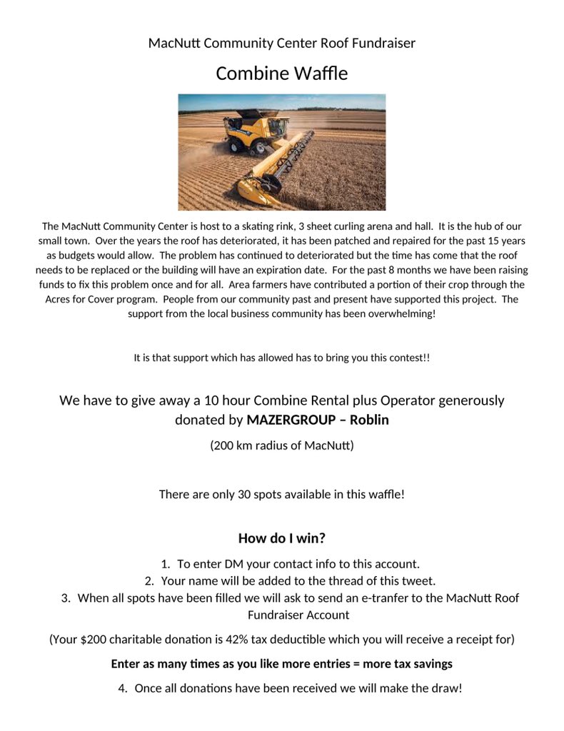 CenterMacnutt's tweet photo. Announcing our first contest in support of the MacNutt Community Center Roof Project.  Entries will be tabulated and posted daily on a first come first serve basis!  Special Thanks to MAZERGROUP Roblin! https://t.co/dBF7Y9jki0