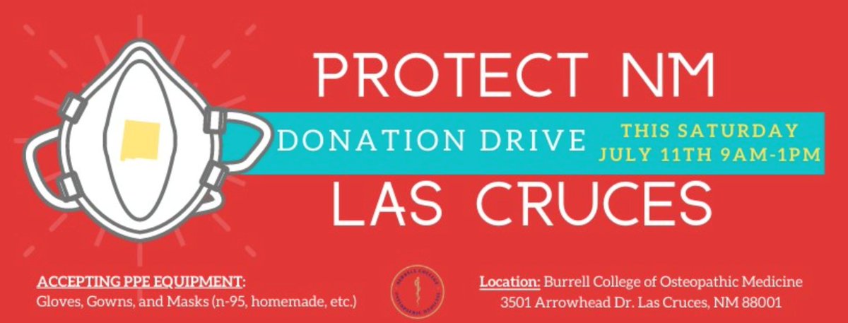 ⚠️PPE Donation Drive⚠️ <a href="/Protect_NM/">Protect NM</a> is holding a drive at Burrell College of Osteopathic Medicine in Las Cruces this Saturday, 9am-1pm. Looking for:
🧤 Gloves
🥼 Gowns
😷 Masks (N95, homemade, etc.)
Items will be distributed to Native American &amp; rural communities in need!