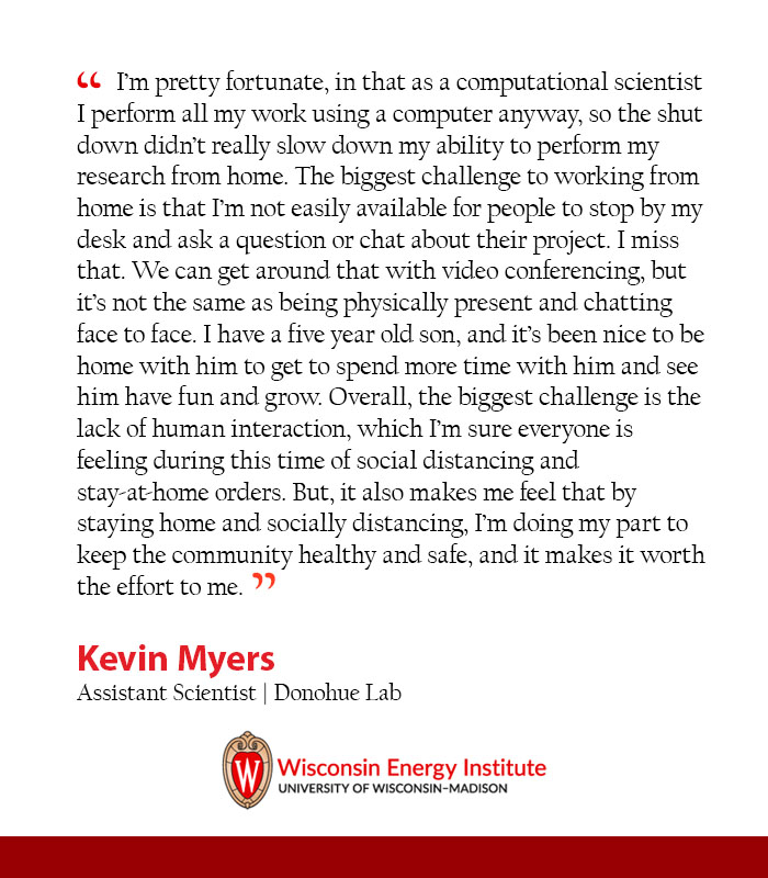 UWEnergy's tweet photo. This week, we’re featuring Kevin Myers (@unionicola) and his story of how #ScienceGoesOn in #WEIRightNow.
“The biggest challenge to working from home is that I’m not easily available for people to stop by my desk and ask a question or chat about their project. I miss that. “ https://t.co/D22bLsCTVr