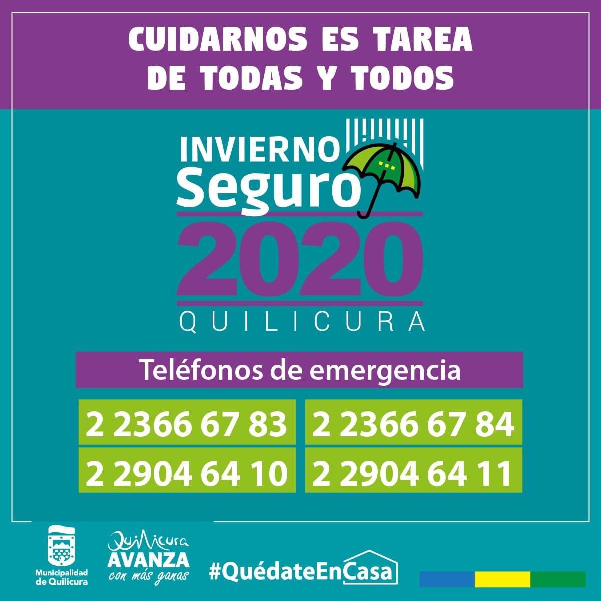 muniquilicura's tweet photo. ☔️ INVIERNO SEGURO 2020 EN #QUILICURA ☔️

🔴 Recuerda que en caso de emergencia, puedes contactarte con alguno de los siguientes números de teléfono:

📞 22 366 67 83
📞 22 366 67 84
📞 22 904 64 10
📞 22 904 64 11

¡Cuidarnos es tarea de todas y todos! https://t.co/dwZ3ej1SF7