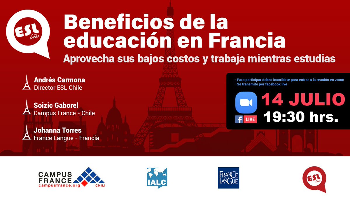 #EstudiaEnFrancia 🇫🇷

🤩 Campus France estará presente junto a la escuela @FranceLangue en el webinar organizado por <a href="/eslchile/">ESL Chile</a> 

Presentaremos la visa de estudios y sus beneficios. ¡No dejes de asistir!

Inscríbete en 👉 bit.ly/2VWywyY