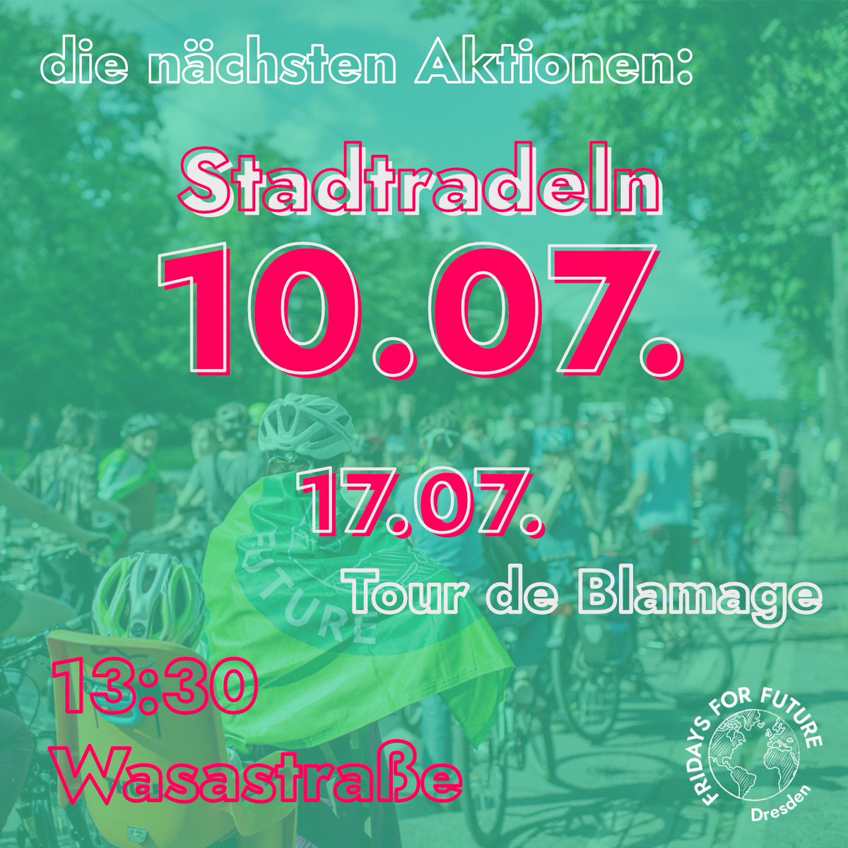Am 10.07. werden wir bei einer Fahrraddemo Orte besuchen, an denen #Dresden den Ausbau des Radverkehrs bisher vermasselt hat und dabei Kilometer für's #Stadtradeln sammeln.🚲 Wir treffen uns 13:30 an der Wasastraße (vor dem Wasaplatz) mit Fahrrädern, Masken und genug zu Trinken💚