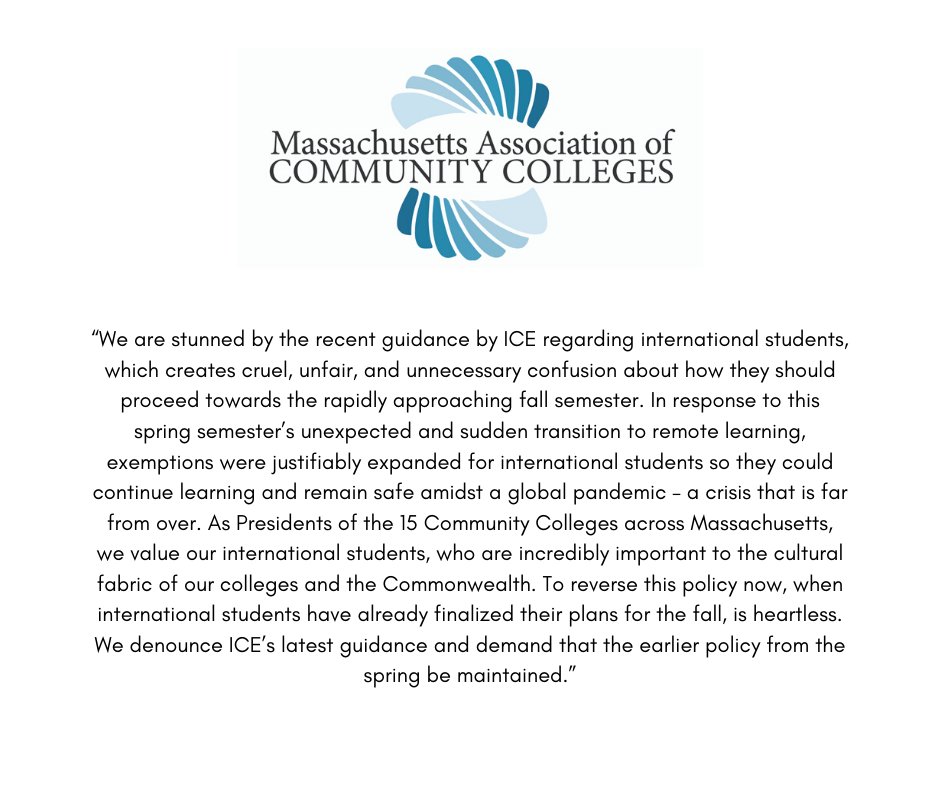 Statement from MACC on behalf of the #MACommunityCollege Presidents regarding the latest ICE guidance for international students: