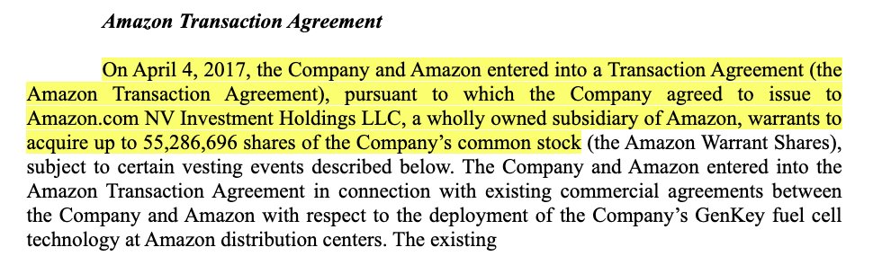 5/ Reading further, we see that Plug Power issued the exact same number of warrants to both Amazon and Walmart. I had never seen this but apparently it's kinda common when a big customer makes a purchase with a much smaller supplier. Learn more here: https://devoncroft.com/2018/08/02/comcast-vests-additional-warrant-shares-in-harmonic/
