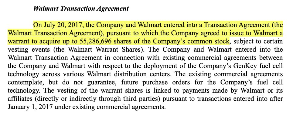 5/ Reading further, we see that Plug Power issued the exact same number of warrants to both Amazon and Walmart. I had never seen this but apparently it's kinda common when a big customer makes a purchase with a much smaller supplier. Learn more here: https://devoncroft.com/2018/08/02/comcast-vests-additional-warrant-shares-in-harmonic/