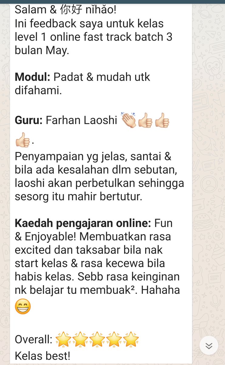 Antara FEEDBACKS pelajar batch Program Pecut PKP bulan 4-5 tahun ini! ☺️ Ini REAL &amp; Bukan berbayaq! 😆😂

Alhamdulilah, masih banyak perlu diperbaiki, cuma saya betul-betul pentingkan kualiti &amp; kepuasan clients lagi-lagi bab proses pembelajaran &amp; pengajaran! ☺️🌟
<a href="/ezmandarin_HQ/">Kelas Mandarin Shah Alam!</a>