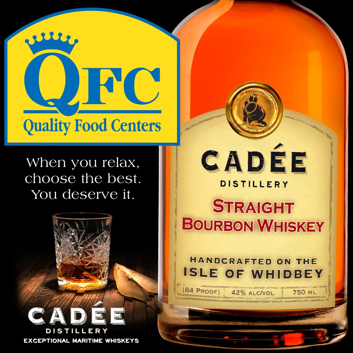cadeedistillery's tweet photo. When it’s your time to relax, choose the best tasting bourbon you can find - you deserve it! Our Straight Bourbon whiskey is available at your Washington @QFCGrocery.  A true Exceptional Maritime Whiskey.  Sip or in cocktails, give it a try! #QFC  #cadeedistillery #straightboubon https://t.co/YK5t7PZZqj
