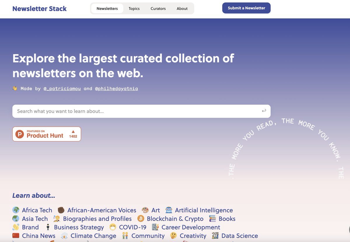 NewsletterStack's tweet image. New on Newsletter Stack today: by popular request, we&apos;ve added search!

Now it&apos;s even easier to find what you&apos;re looking for in the 450+ newsletters present on Newsletter Stack submitted by 100+ contributors.