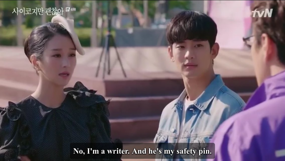 He looked bothered that MY called him her safety pin, and yet he did protect her from that man fist