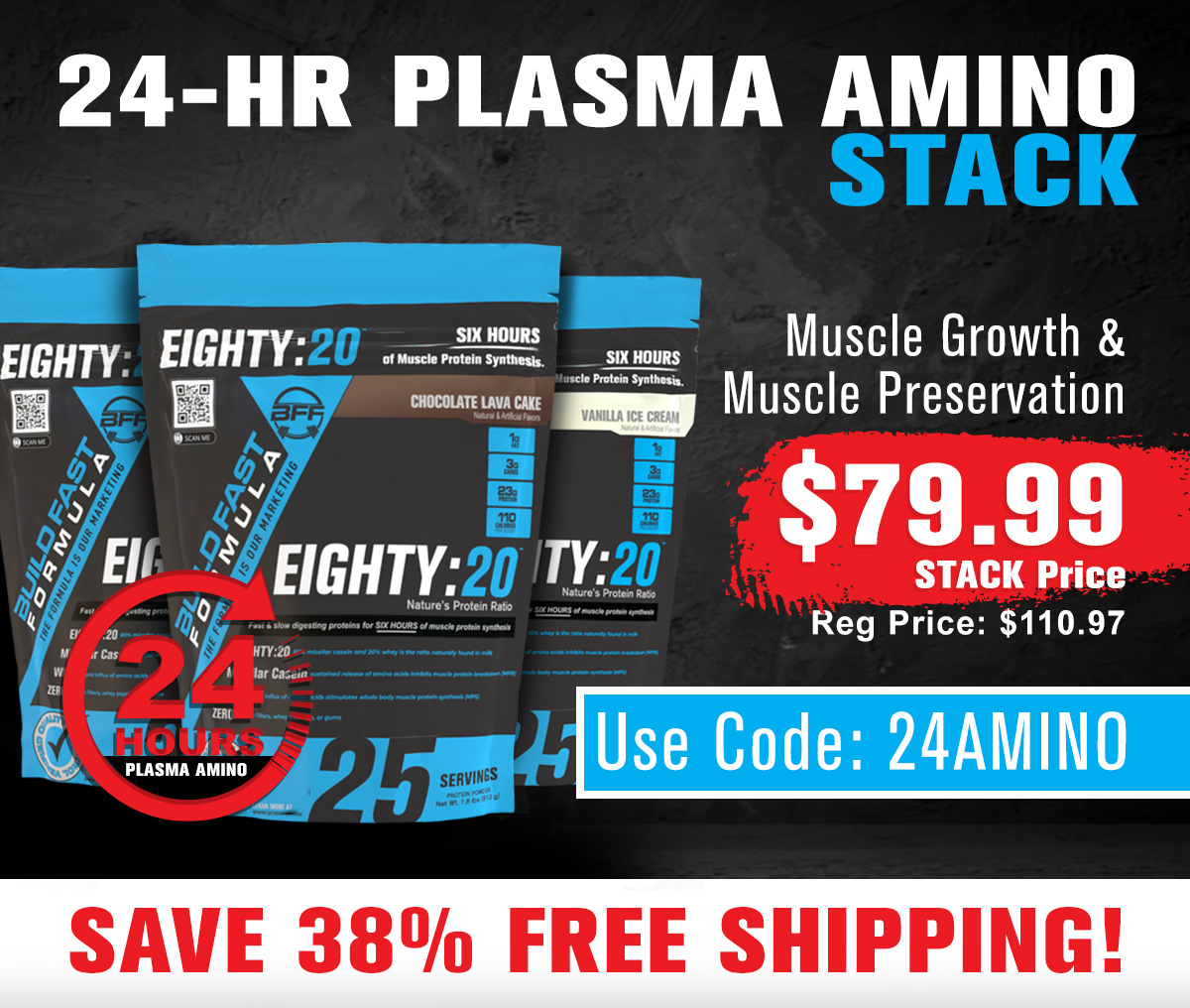 BFF_Build_Fast's tweet photo. Save Big on EIGHTY:20 24HR Plasma Amino Stack!
Use Code: 24AMINO
https://t.co/bUwLsUZSEh
#sale #protein #fitfam #casein #whey https://t.co/MgDVrEsAZ6