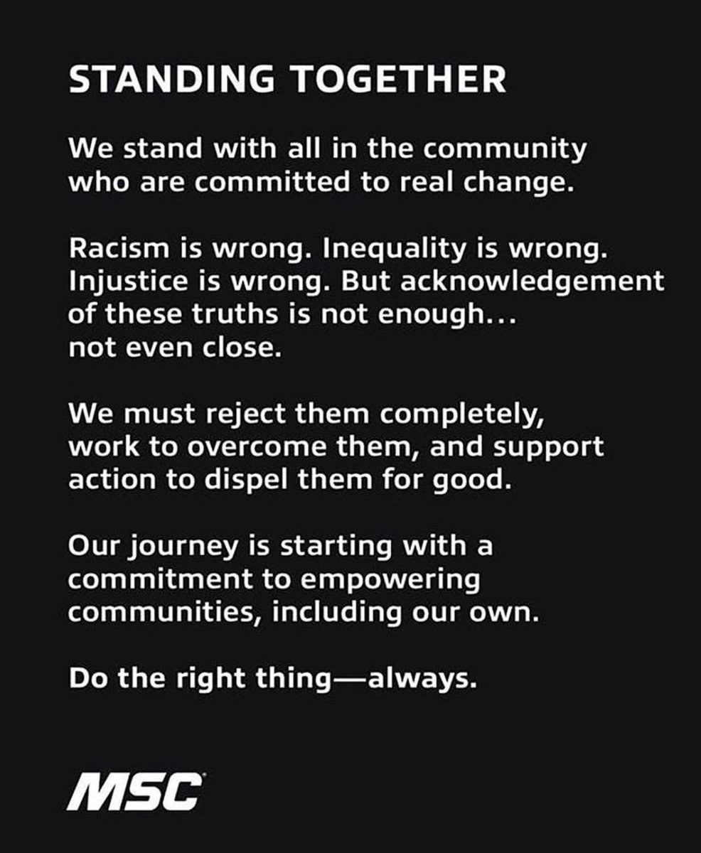 @MSCIndSupply denounces racism &amp; inequality. We support action to dispel them &amp; encourage open honest dialogue to build greater empathy &amp; understanding #TeamMSC #BuiltToMakeYouBetter #OurPeopleOurStrengthOurDifference #StandTogether #Equality #Diversity #Inclusion