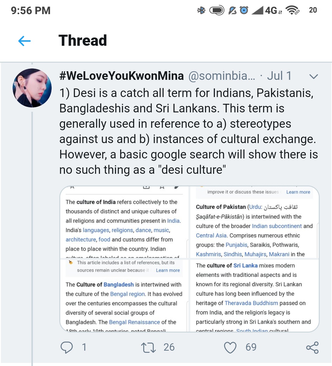 Do I have to explain what's wrong? She is denying the whole existence of desi culture. It's an umbrella term for these countries belonging to the Indian subcontinent. All these countries share several cultural elements with each other as well as having a shared history.