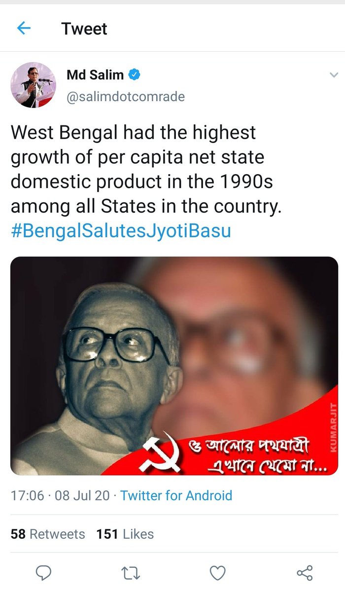 Sir here claims that WB had the highest per capita NSDP in 1990s. Well, a Comparitive analysis will show you that WB had been the richest state in India in 1960. By the end of the last millennium, the SDP (per capita) rank of the state declined to 9.