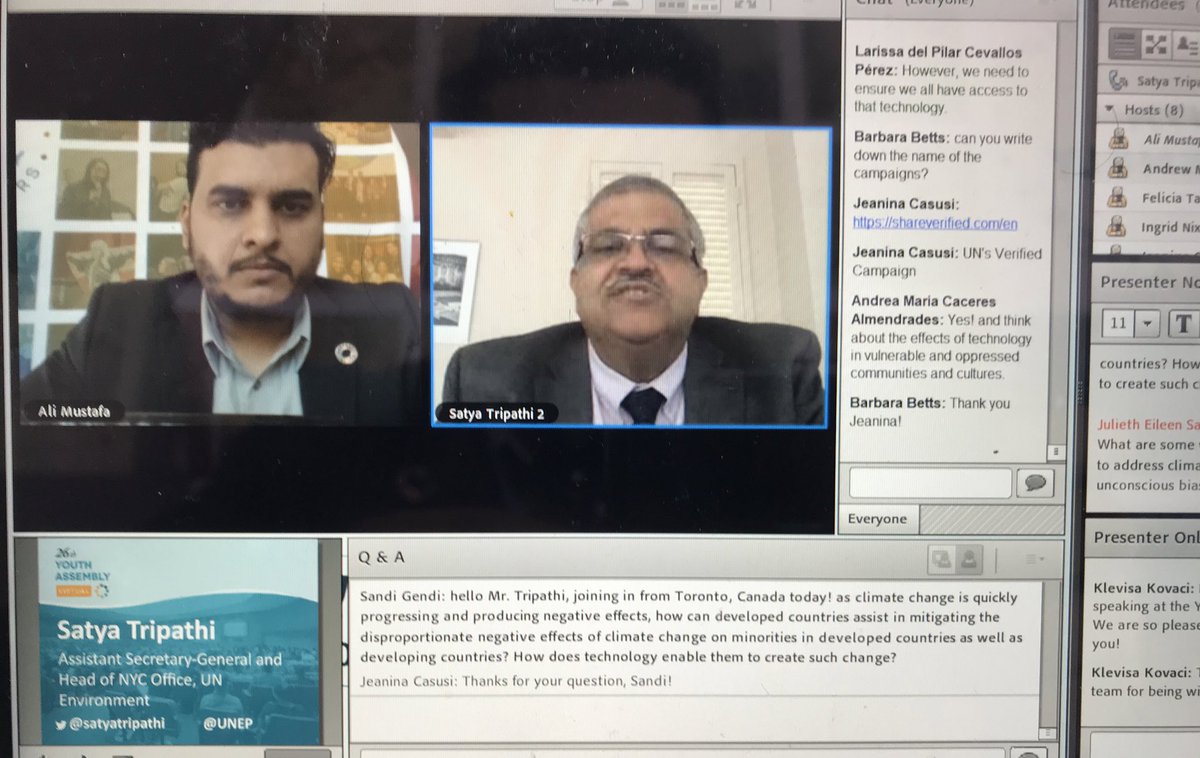 smalimustafa's tweet photo. Moderated interesting and interactive @YouthAssembly conversation with Assistant Secretary General of United Nations and head of UN Environment Program NY Satya Tripathi @satyatripathi. Thank you for joining the conversation @unepnyo #YAVirtual https://t.co/tCnxPGAQM4
