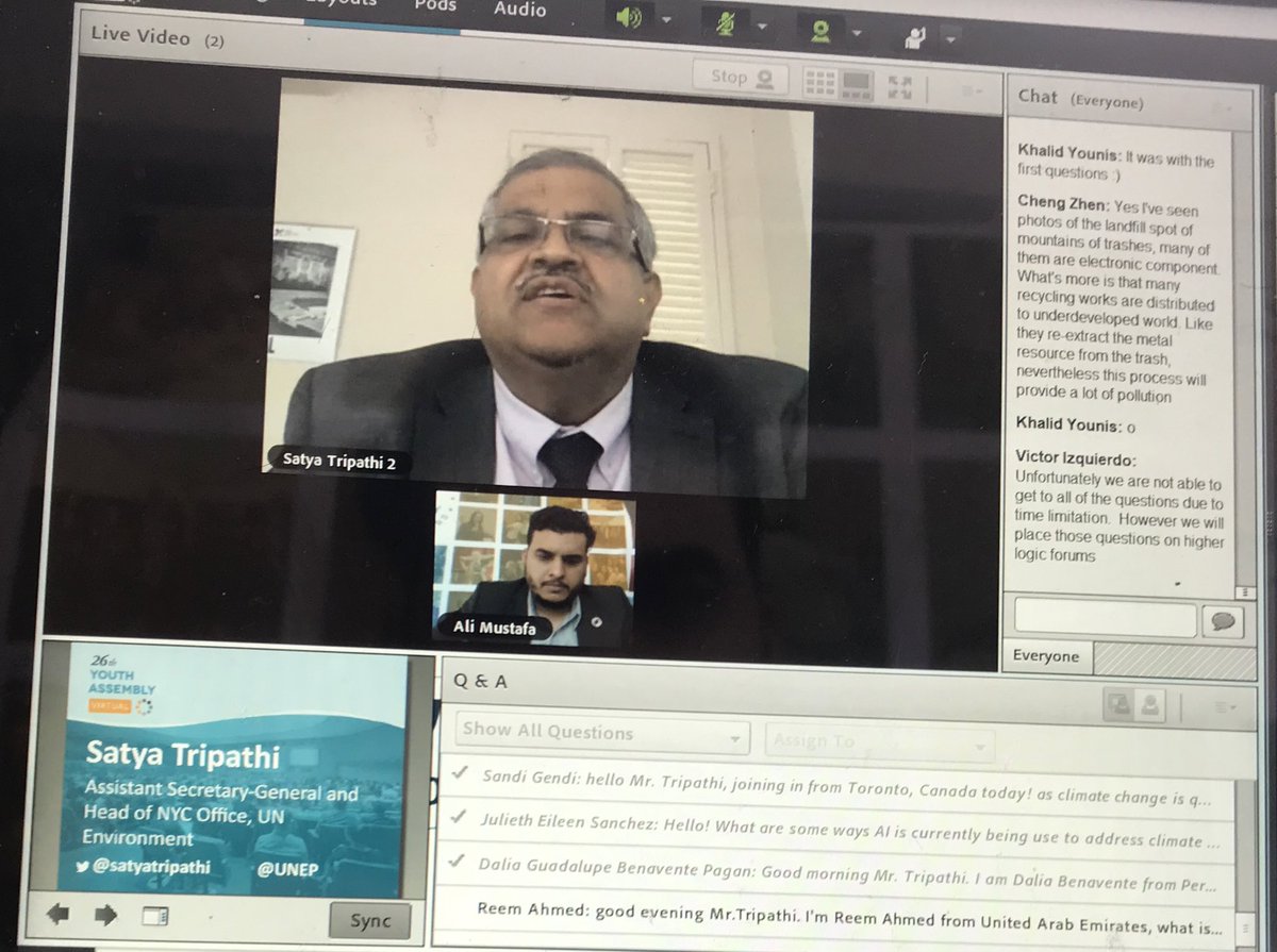smalimustafa's tweet photo. Moderated interesting and interactive @YouthAssembly conversation with Assistant Secretary General of United Nations and head of UN Environment Program NY Satya Tripathi @satyatripathi. Thank you for joining the conversation @unepnyo #YAVirtual https://t.co/tCnxPGAQM4