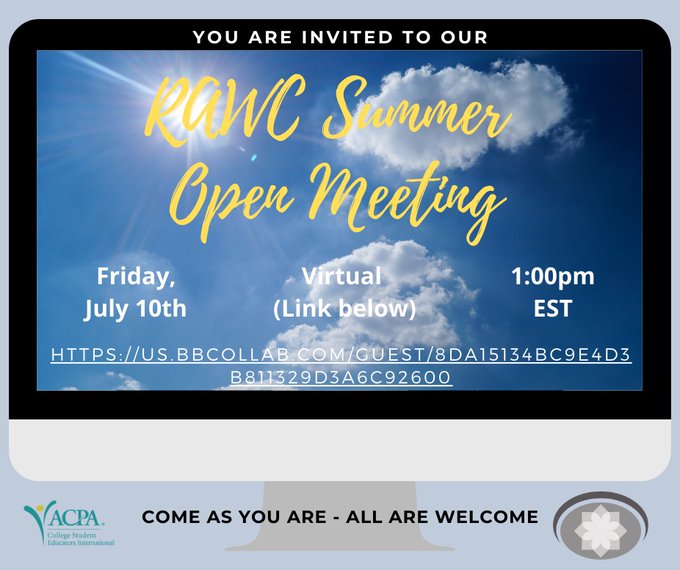 acpa_rawc's tweet photo. @ACPA: The #Recreation, #Athletics, and #Wellness Commission's Summer Open Meeting is this week! Connect with the RAWC team virtually on Fri, July 10th at 1pm EST. All are welcome to join in. Link: https://t.co/yX5rzl3lJe #CampusRec  #IntercollegiateAthletics #WellnessWednesday https://t.co/HrvBP7Mwue