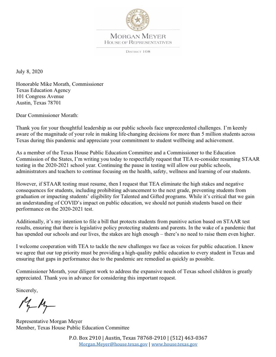 After hearing from families across our district, I’m asking @TEA Comm. Morath to waive STAAR testing for 2020/21. If we must resume testing, I’m requesting that scores not be punitive to students. COVID is hard enough on students without the added pressure of STAAR test scores.